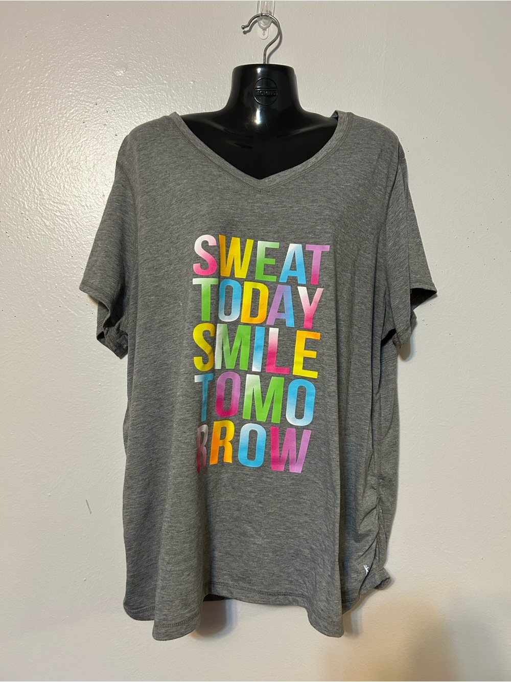 Danskin Now Gray Short Sleeve V-Neck Tee with Multicolor Vertical Text